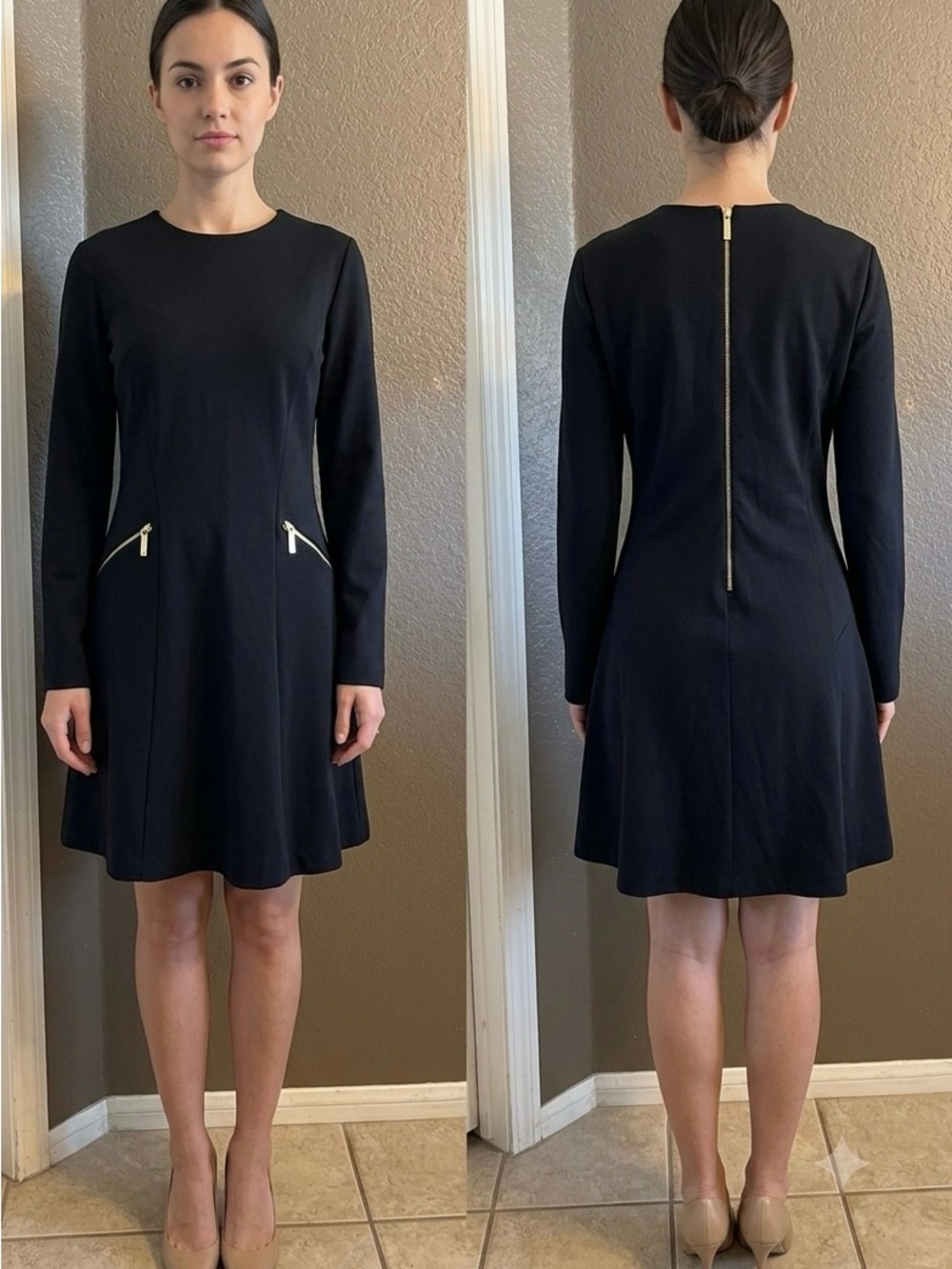 Michael Kors Black Long-Sleeve A-Line Dress with Gold Zip Detail